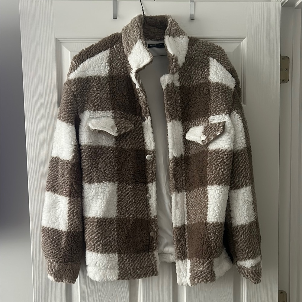 SHEIN Brown and White Checkered Teddy Jacket